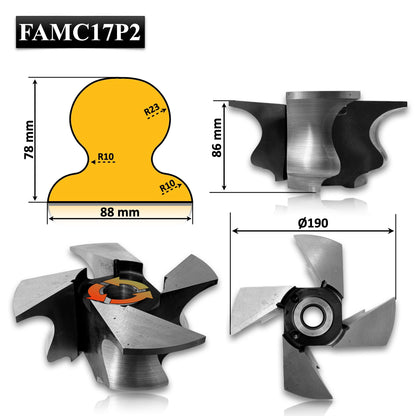 Freza pentru mână curentă FAMC17P2, cu diametrul de 190 mm și înălțimea de 86 mm, ideală pentru prelucrarea precisă a lemnului. Profil detaliat pentru lucrări de finisare, cu raze de 23 mm și 10 mm, special concepută pentru a oferi tăieturi curate și netede. Freză de înaltă performanță, fabricată din oțel de calitate, destinată realizării detaliilor complexe pe balustrade și alte proiecte de tâmplărie.