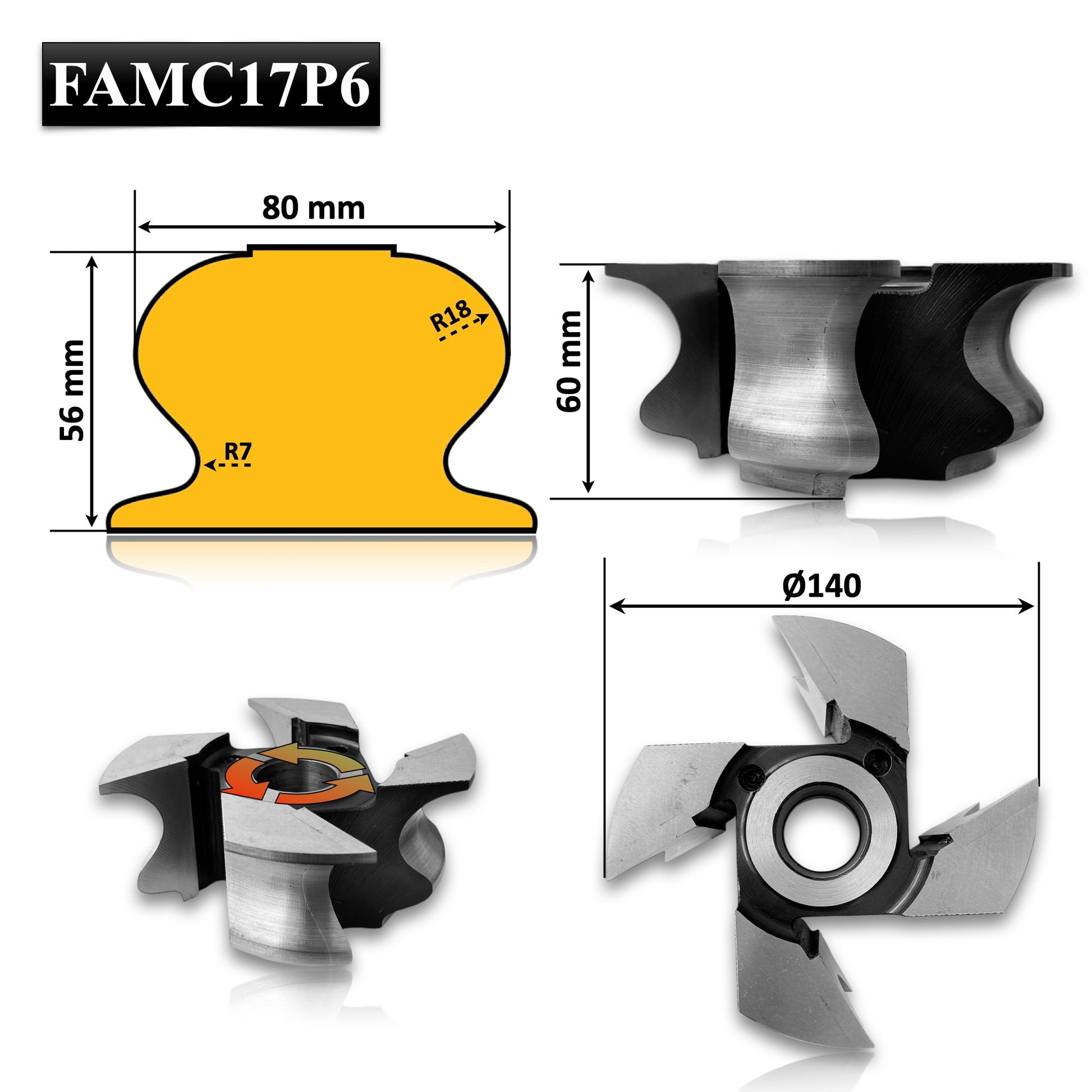 Freza pentru mână curentă FAMC17P6, cu diametrul de 140 mm și înălțimea de 60 mm, ideală pentru prelucrarea precisă a lemnului. Profil detaliat pentru lucrări de finisare, cu raze de 7 mm și 18 mm, special concepută pentru a oferi tăieturi curate și netede. Freză de înaltă performanță, fabricată din oțel de calitate, destinată realizării detaliilor complexe pe balustrade și alte proiecte de tâmplărie.