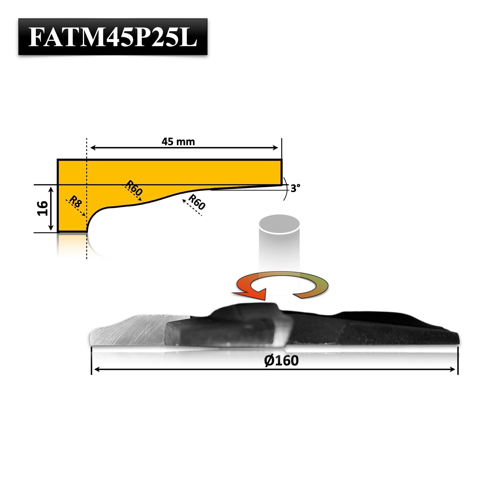 Freze cu alezaj placata cu HSS pentru realizarea tablie pentru usi cu un profil decorativ neted si simplu de slefuit avand proiectul valuros cu adancimea lamei 45 mm si 16 mm ca grosime 