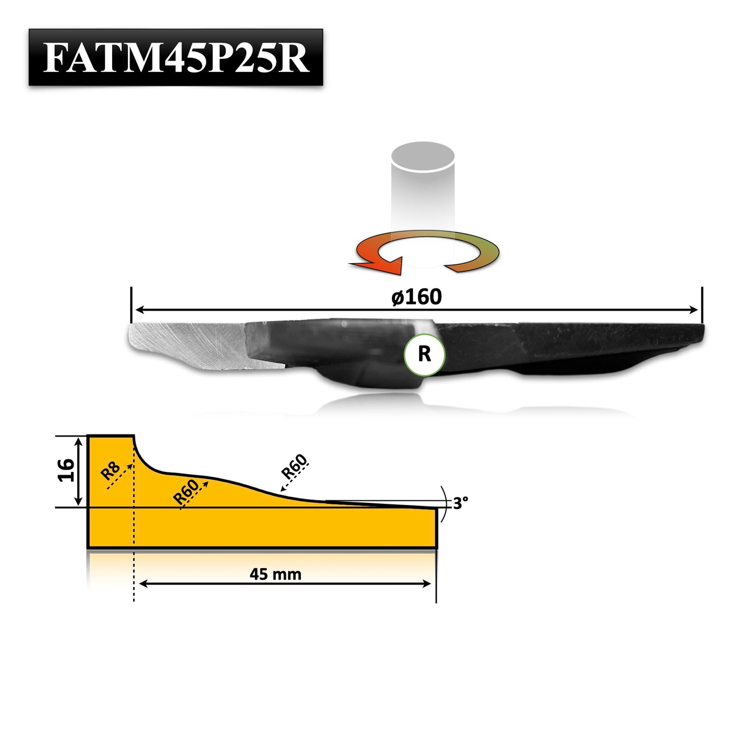 Freze cu alezaj placata cu HSS pentru realizarea tablie pentru usi cu un profil decorativ neted si simplu de slefuit avand proiectul valuros cu adancimea lamei 45 mm si 16 mm ca grosime 