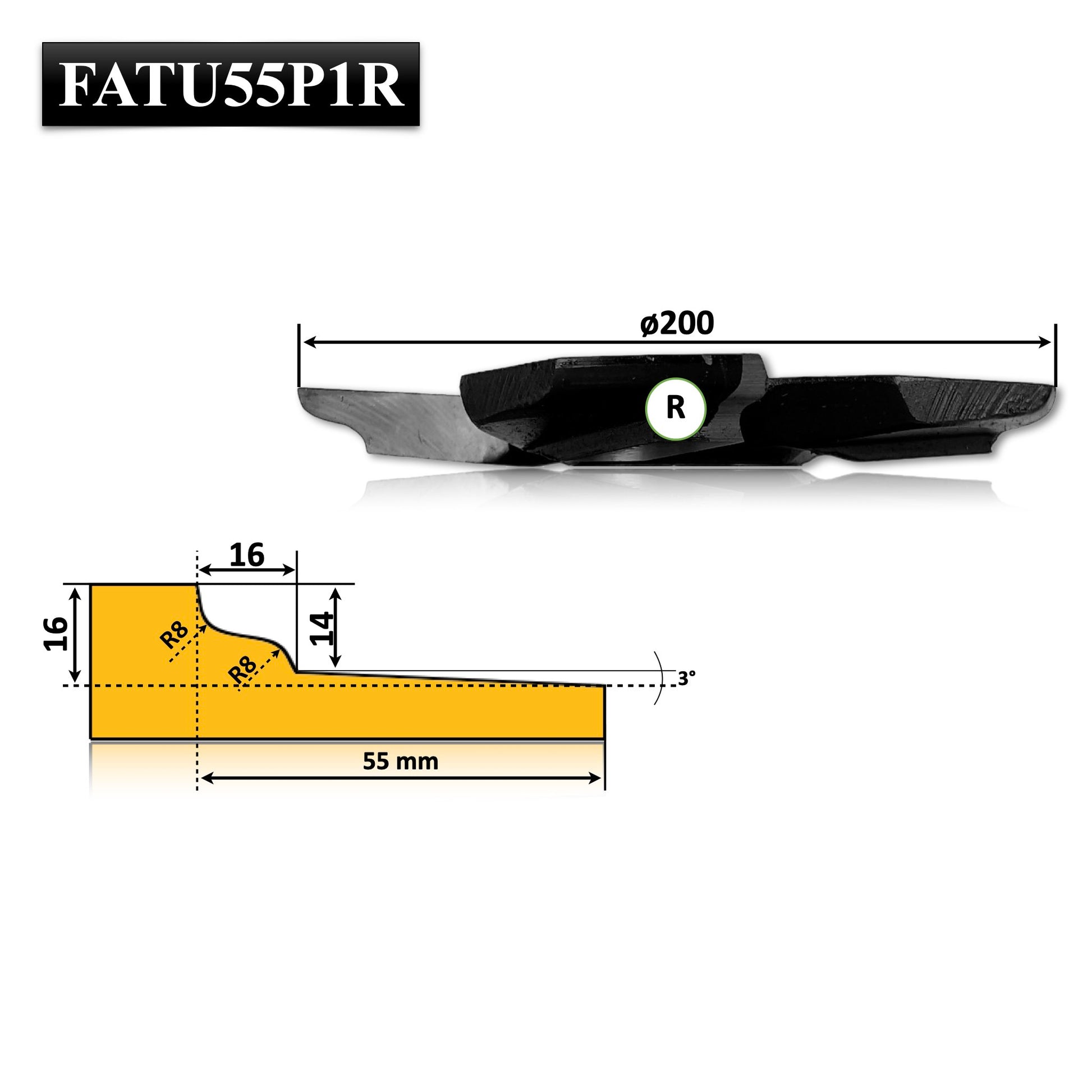 Freze cu alezaj pentru Tablie de Usi Interior Exterior cu profil elegant valuros neted pentru lemn moale sau masiv de esenta tare, diametru frezei 200 adancime cutit 55 mm si grosime 16 mm