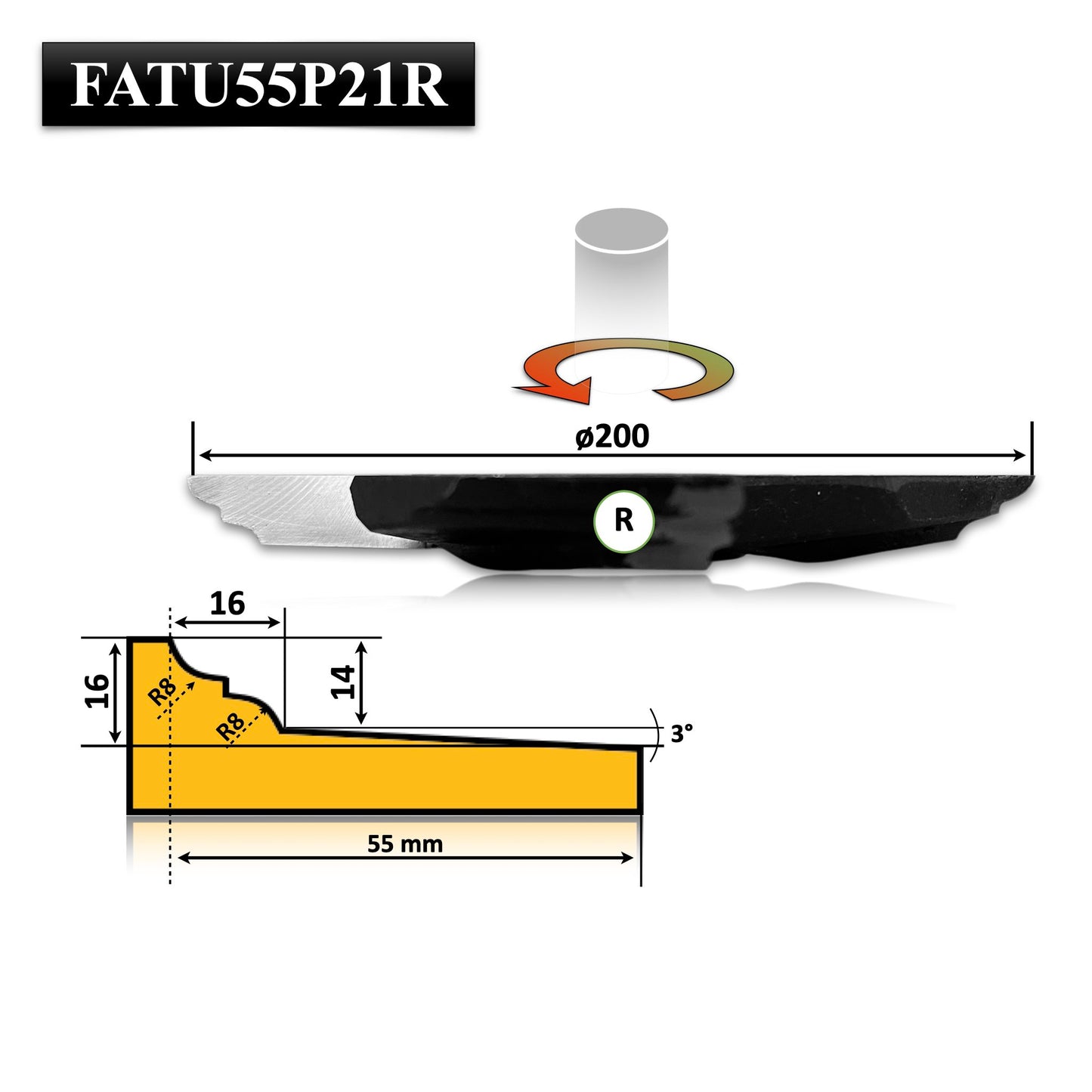 Freza cu alezaj placata cu HSS pentru realizarea tablie mobila de 200 diametru cu adancime 55 mm cu profil barocco