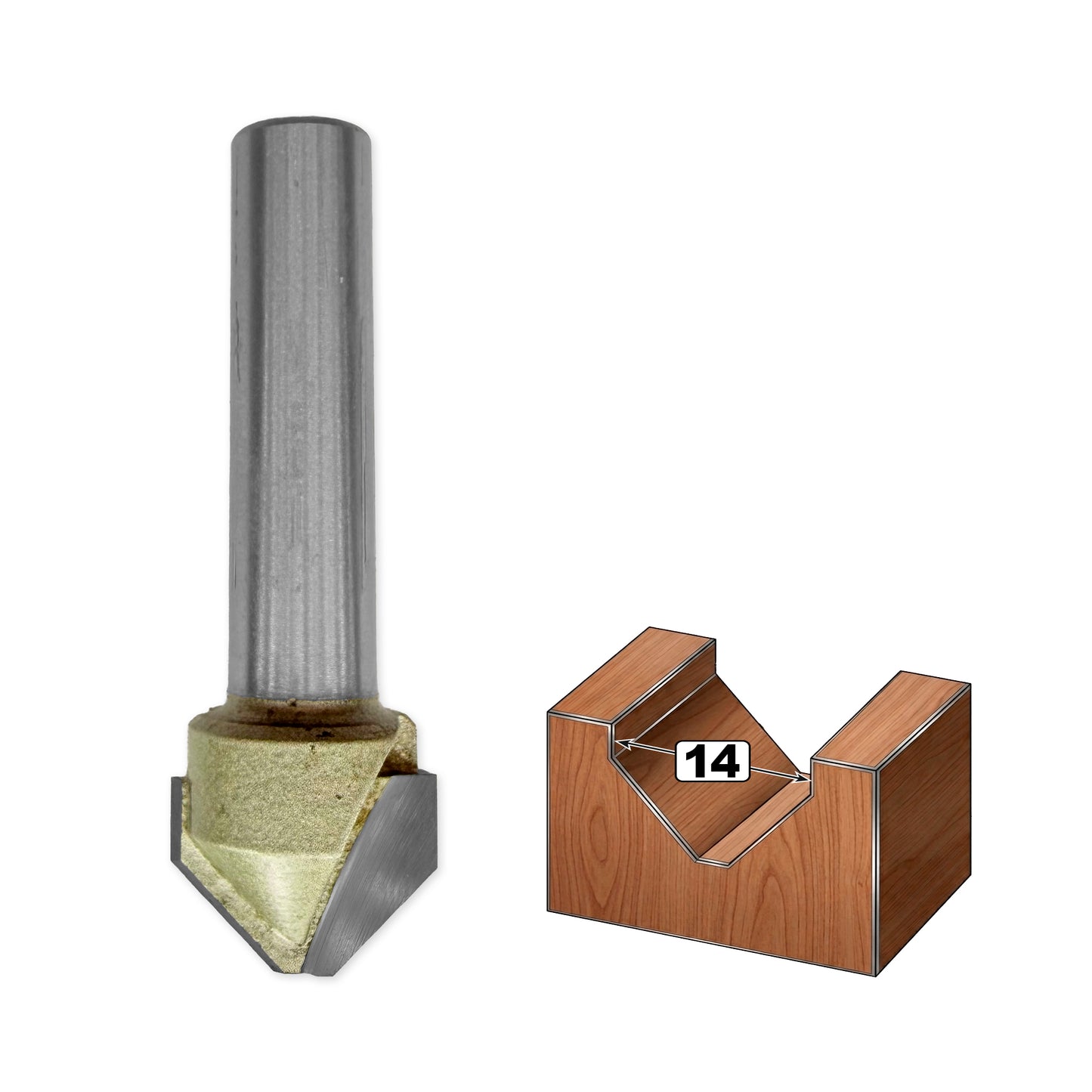 Freză Unghiulară "V" cu Vârf Plat D=14mm, S=8mm, Lc=10mm, Z2 – T.C.T. (Vidia) – Vatzo