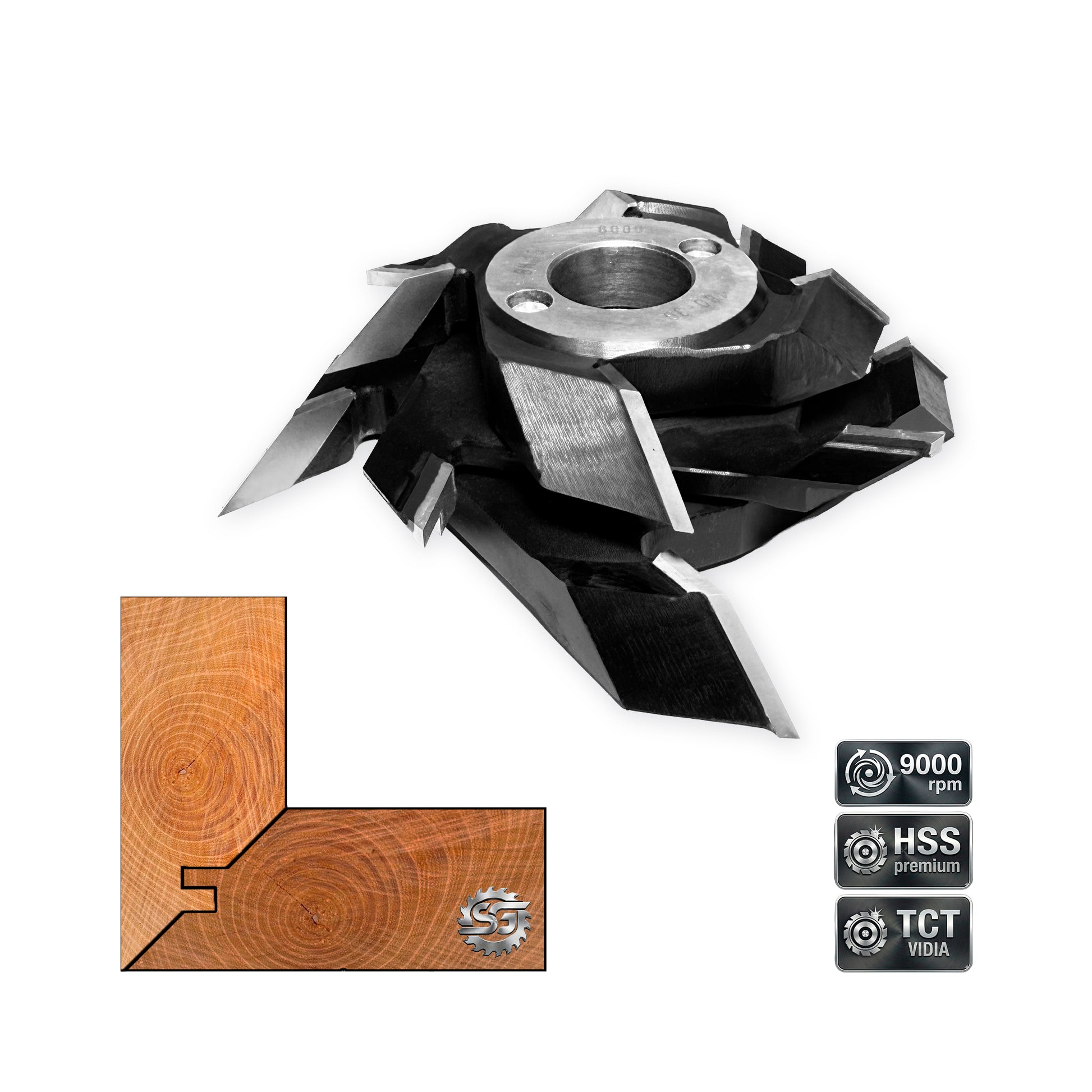 Freză de îmbinare la 45 grade din 3 corpuri fixe, cu spațiu de lucru pentru panouri de 30-42 mm, echipată cu plăcuțe brazate HSS/Vidia.