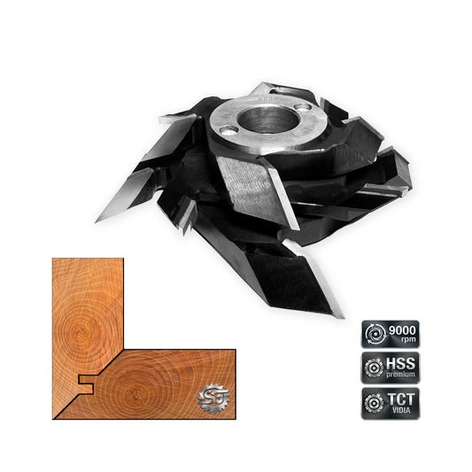 Freză de îmbinare la 45 grade din 3 corpuri fixe, cu spațiu de lucru pentru panouri de 30-42 mm, echipată cu plăcuțe brazate HSS/Vidia.