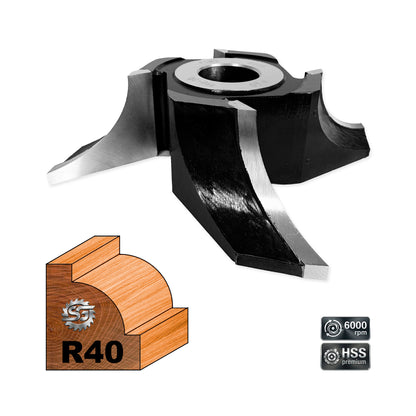 Freză Sfert de Cerc HSS cu rază de 40 mm pentru rotunjirea canturilor. Performanță premium, uzură minimă și tăiere fină. Ideală pentru ateliere de tâmplărie și lucrări de precizie.