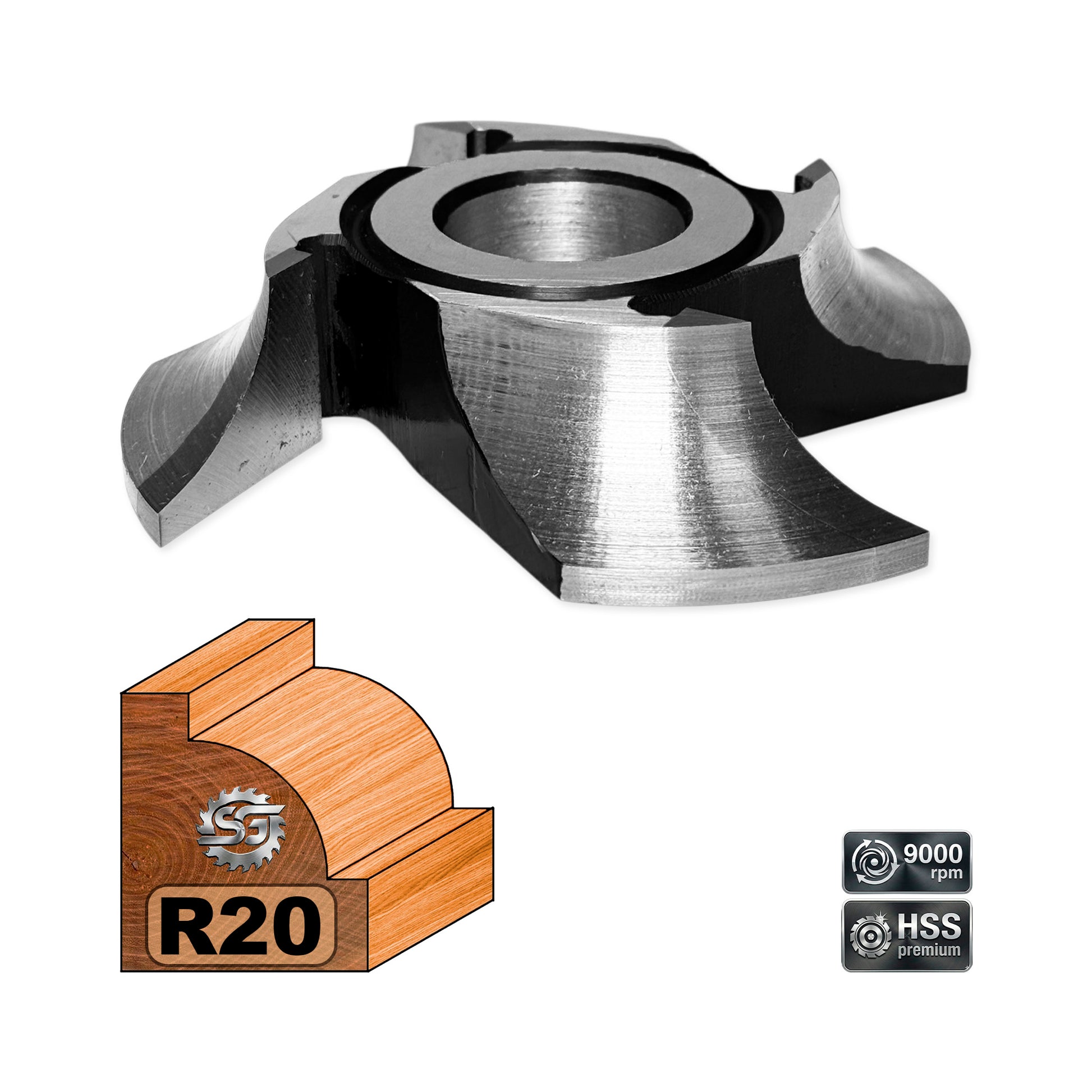 Freza Concavă Sfert de Cerc HSS, rotunjire cant cu raza de 20 mm dimensiuni 120 x 30 x 25 R20