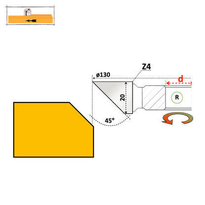 Freză Teşită la 45° Grade de Fațetat Lemn 20 mm - HSS sau Vidia