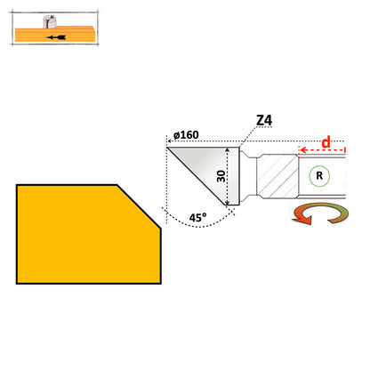 Freză Teşită la 45° Grade de Fațetat Lemn 30 mm - HSS sau Vidia