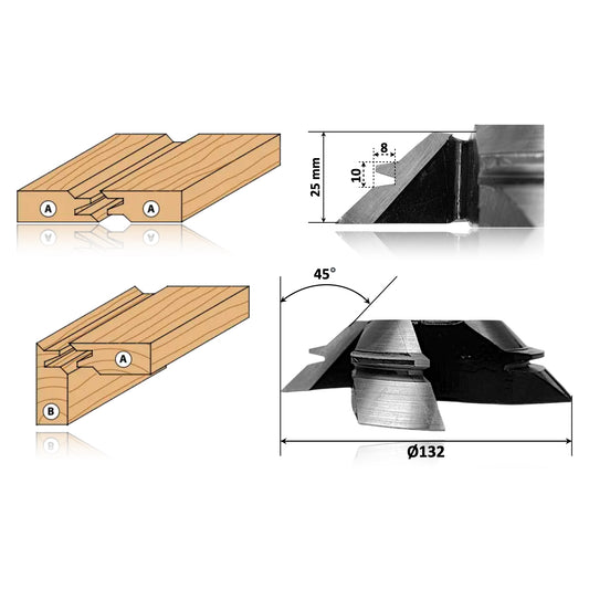 Freză HSS pentru îmbinare lemn la 45°, diametru 132 mm, pentru materiale până la 25 mm grosime.