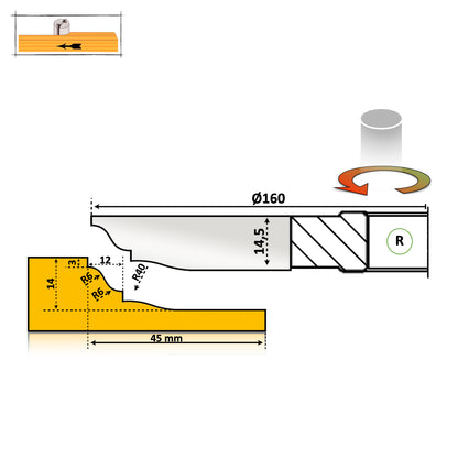 Freza tablie mobila 45 mm HSS cu spatiu de lucru 14 mm pentru lemn moale sau masiv cu un profil treptat cu rotunjire 6 mm cu partea activa asupra lemnului