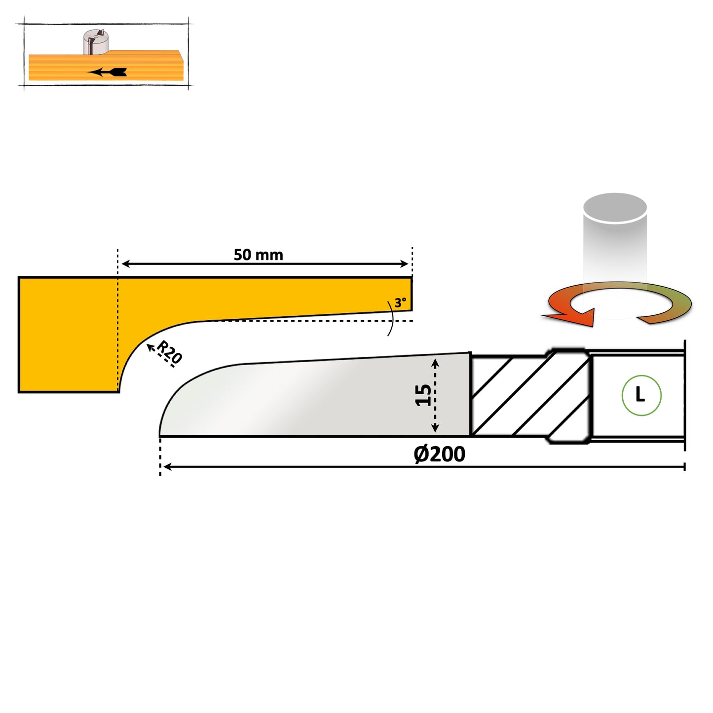 Freza diamentru 200 mm pentru tablie usi cu un profil siplu si neted cu partea activa sub scandura cu raza de 20 mm