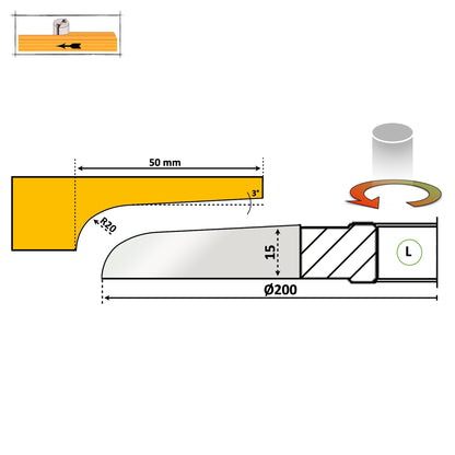 Freza diamentru 200 mm pentru tablie usi cu un profil siplu si neted cu partea activa sub scandura cu raza de 20 mm