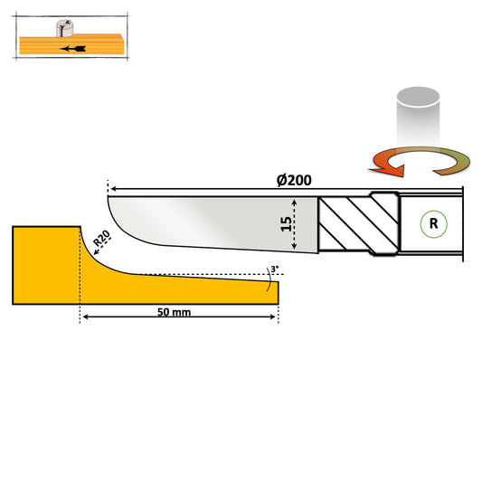 Freza diamentru 200 mm pentru tablie usi cu un profil siplu si neted cu partea activa deasupra scandurei cu raza de 20 mm