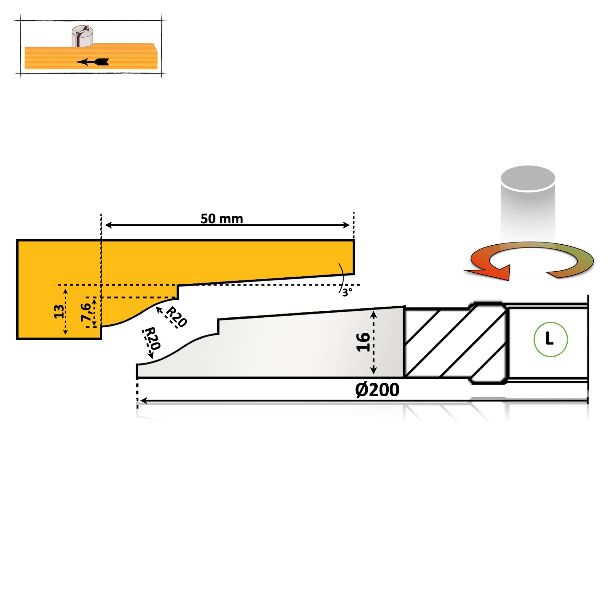 Freza diamentru 200 mm pentru tablie usi cu un profil simplu valuros cu 2 nututri si cu razele de 20 mm cu partea activa sub scandura 