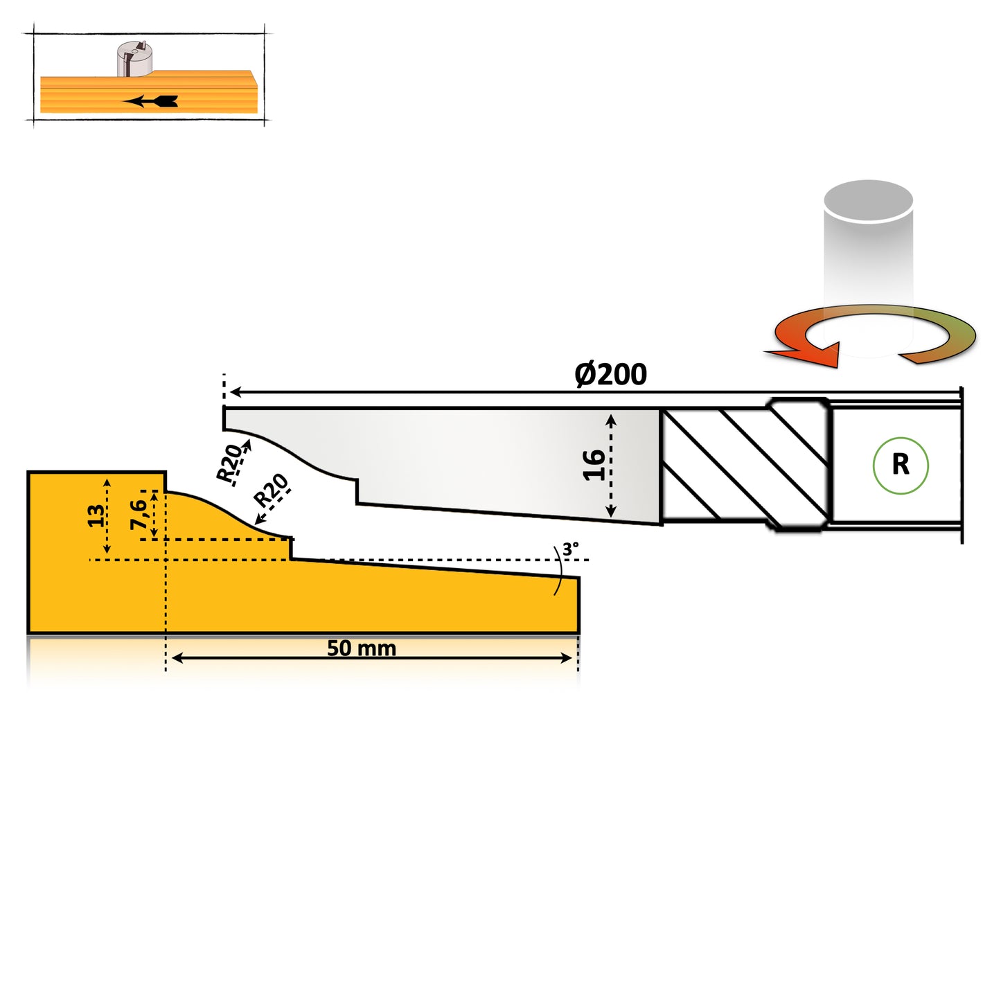 Freza diamentru 200 mm pentru tablie usi cu un profil simplu valuros cu 2 nututri si cu razele de 20 mm cu partea activa deasupra scandurei