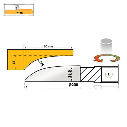 Freza diamentru 200 mm pentru tablie usi cu un profil siplu si neted cu partea activa sub scandura cu raza de 20 mm