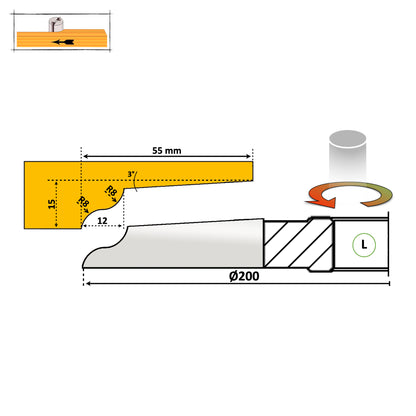 Freza pentru tablie usi cu adancime de 55 mm pentru esenta moale si tare cu profil usor rotund simplu de slefuit, freza avand rotatie spre stanga 