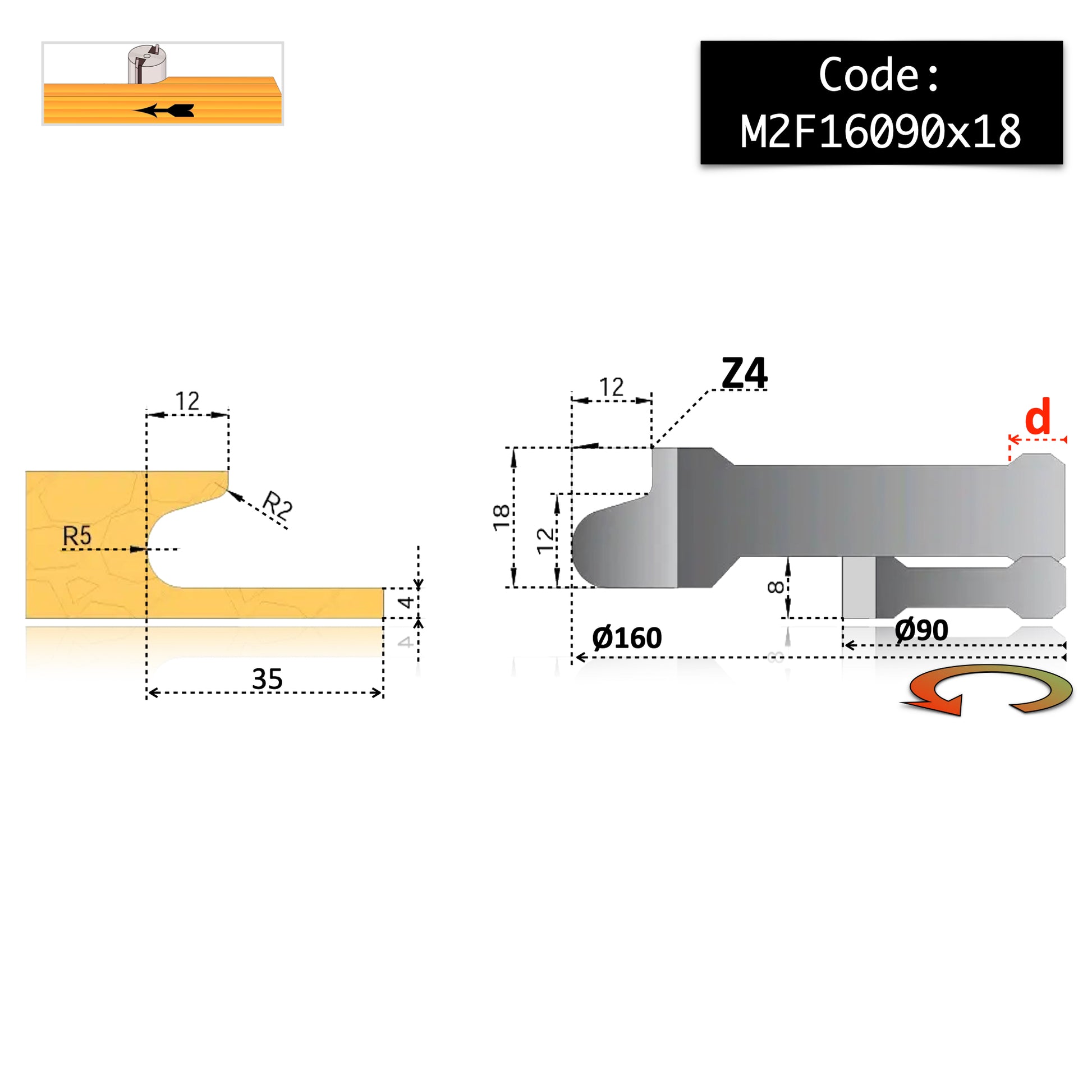 Freza pentru maner mobila de 18 mm cu adancitura raza 5 mm pentru degete pentru lemn esenta tare sau mdf si pal