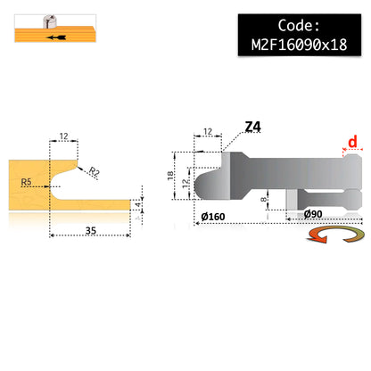 Freza pentru maner mobila de 18 mm cu adancitura raza 5 mm pentru degete pentru lemn esenta tare sau mdf si pal