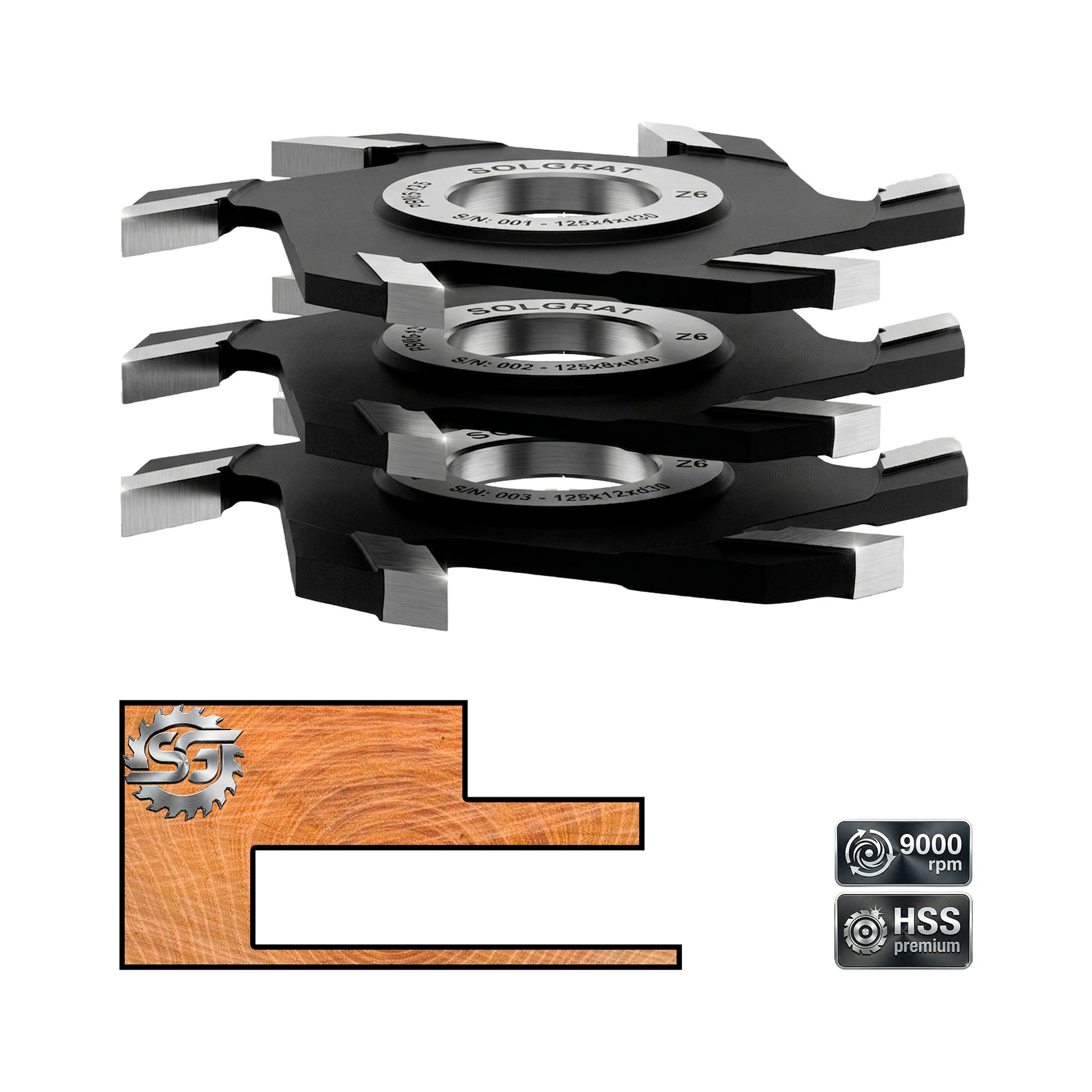 Freză profesională pentru canale (nut) SolGrat Premium, corp din oțel cu 6 pastile HSS M2, turație 9000 RPM, sculă recondiționabilă pentru tâmplărie industrială.