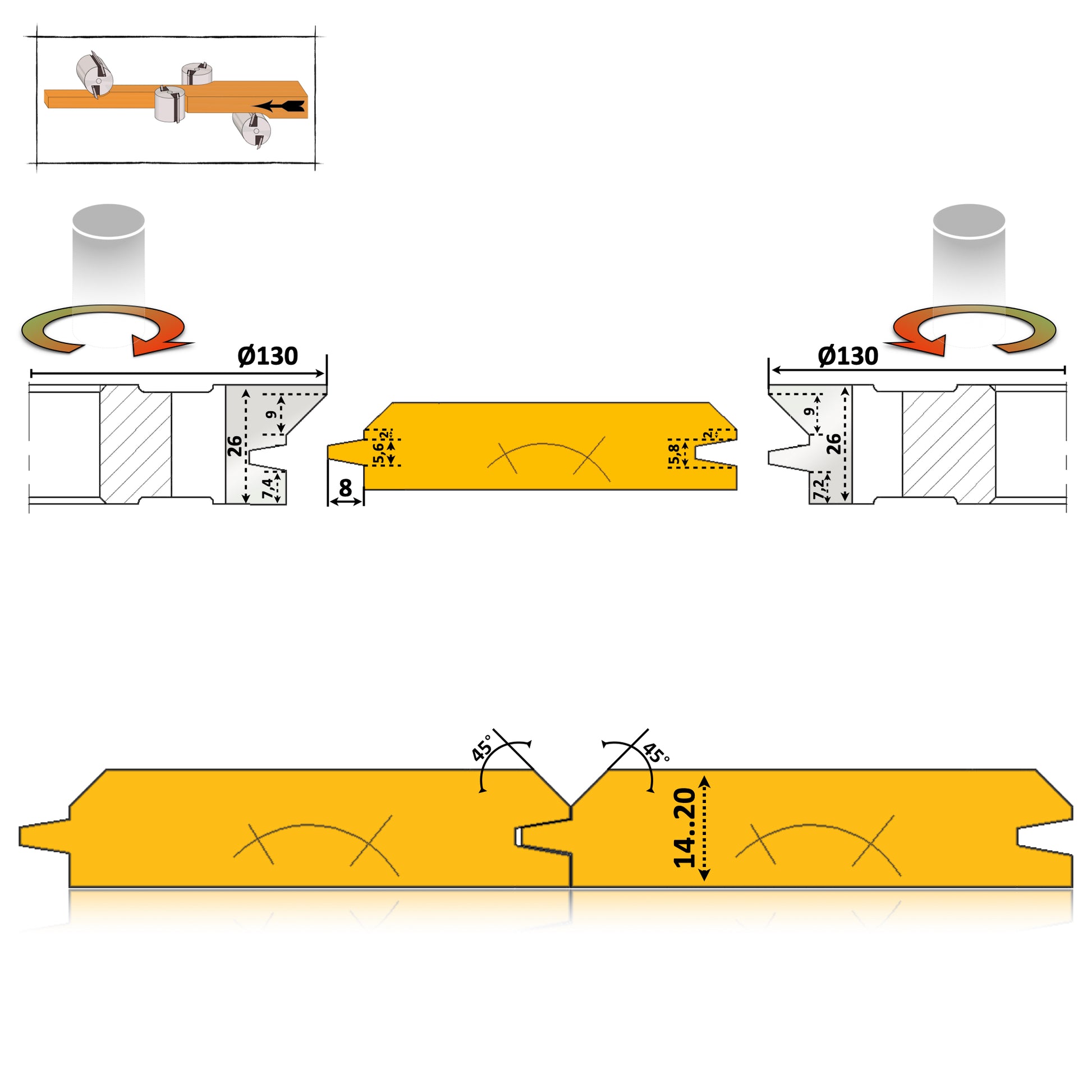 Set freze pentru lambriu cu profil oblic tesit la 45 de grade pentru masina de frezat cu 4 fete cnc si pentru lemn de la 14 pana la 20 mm de esenta moale sau tare