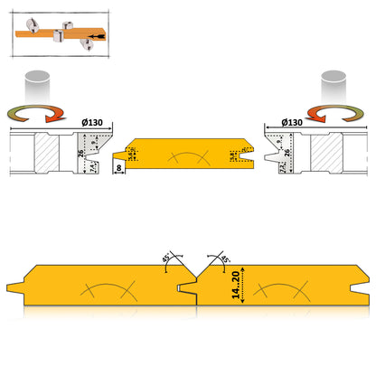 Set freze pentru lambriu cu profil oblic tesit la 45 de grade pentru masina de frezat cu 4 fete cnc si pentru lemn de la 14 pana la 20 mm de esenta moale sau tare