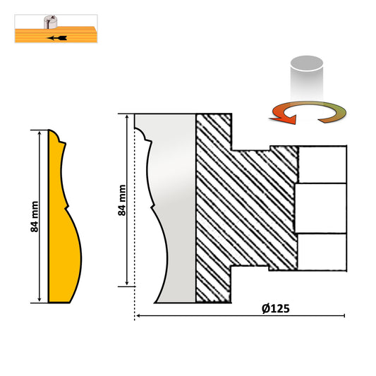 Freză pentru rame ornamentale din lemn, cu alezaj D30/D35/D40 și plăcuțe HSS M2 replacabile pentru tăieturi precise și durabilitate.