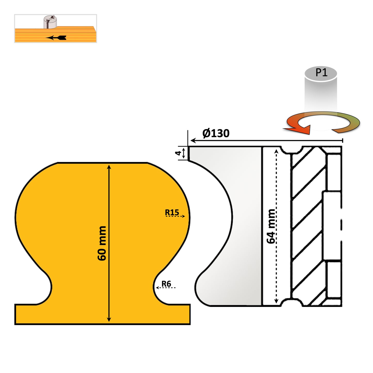 Freză profesională pentru mână curentă din lemn, diametru 64 mm și spațiu de lucru 60 mm, tăieturi precise și durabile