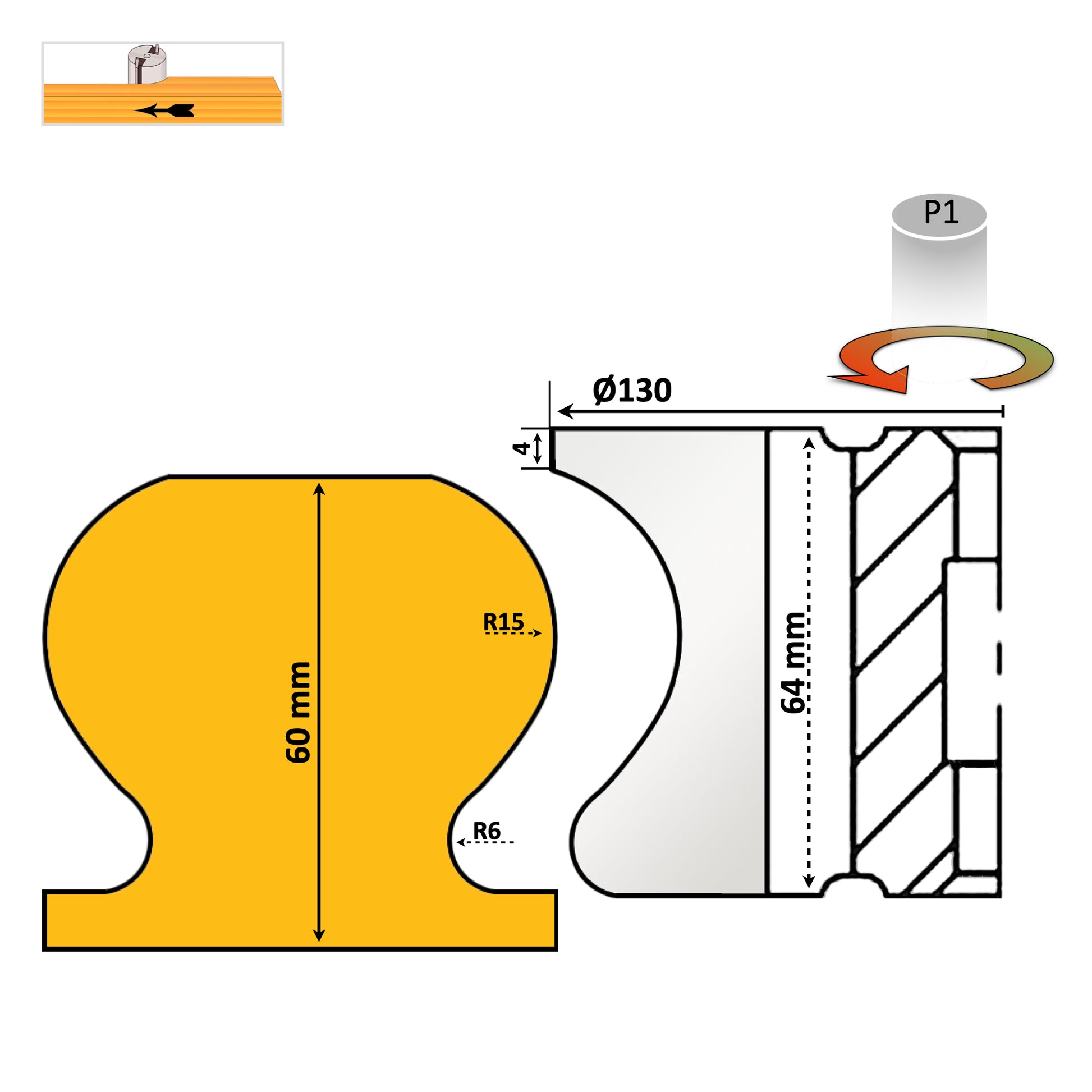 Freză profesională pentru mână curentă din lemn, diametru 64 mm și spațiu de lucru 60 mm, tăieturi precise și durabile