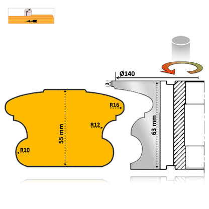 Freza pentru mana curenta brazat cu pastile hss si spatiu activ de 55 mm cu un profil regal complicat 
