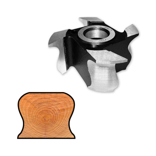 Freza pentru mână curentă, grosime 50 mm, cu 4 cuțite brazate HSS și alezaj de 30 mm, modificabil la cerere. Ideală pentru conturare și finisare în prelucrarea lemnului.