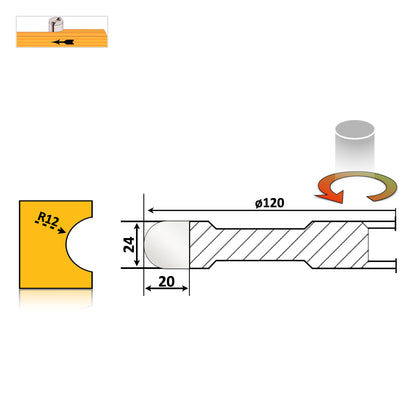 Freza proiectată pentru prelucrarea canelurilor semirotunde sau de raionat în lemn, holcher de 24 mm, rază de 12 mm pentru precizie.