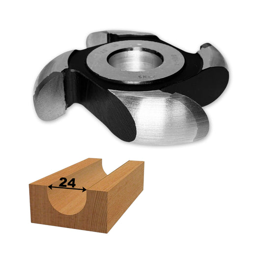 Freza cu alezaj, placată cu HSS, proiectată pentru prelucrarea canelurilor semirotunde sau de raionat în lemn, holcher 24 mm, rază de 12 mm pentru precizie.