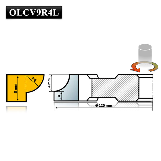Freza Concavă Sfert de Cerc HSS sau Semi Luna pentru rotunjire cant cu raza de 4 mm dimensiuni 120 x 30 x 8 R4