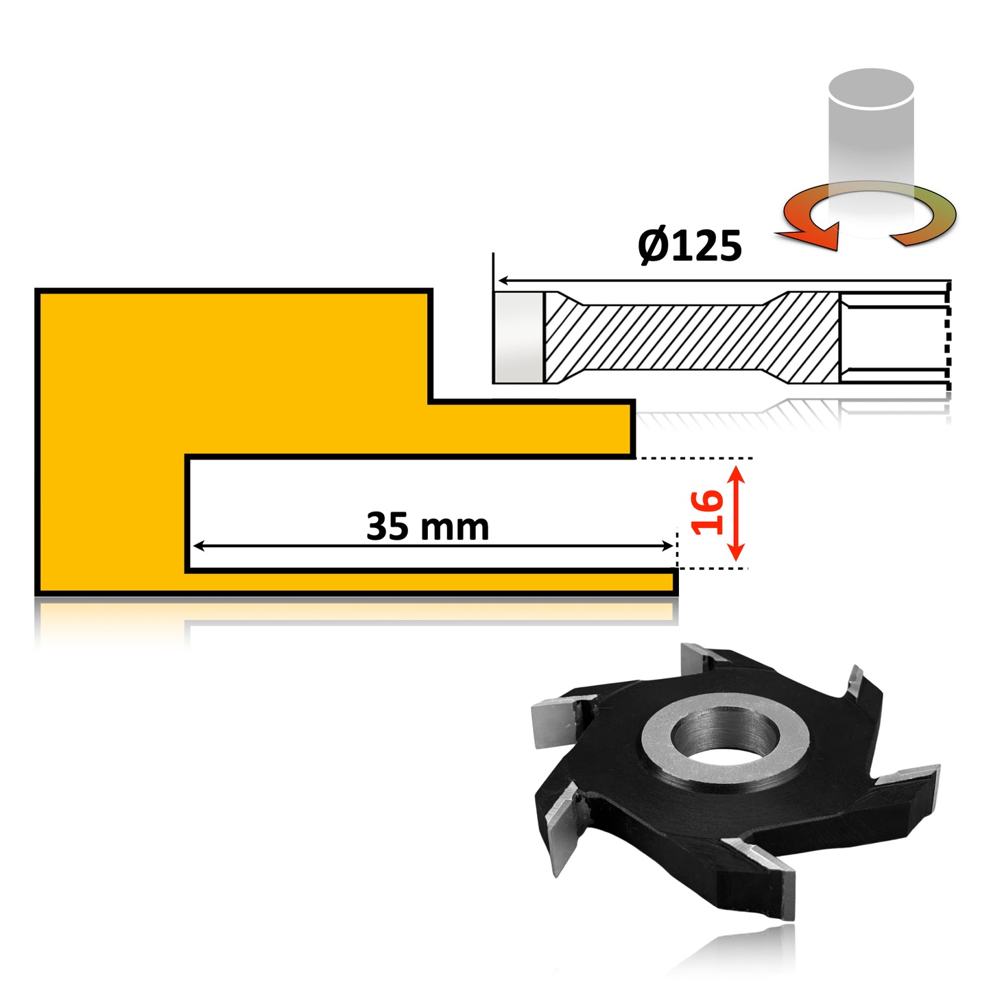 Freză nut clasică Vidia, 125 x 16 mm – ideală pentru realizarea de ulucuri și falturi precise în lemn.