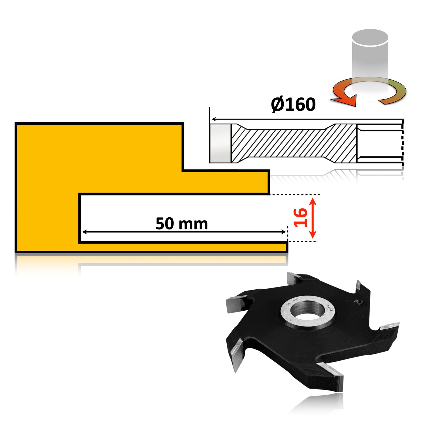 Freză pentru nuturi și caneluri, 160 x 16 mm, cu plăcuțe Vidia – tăieri curate și durabile în lemn masiv.