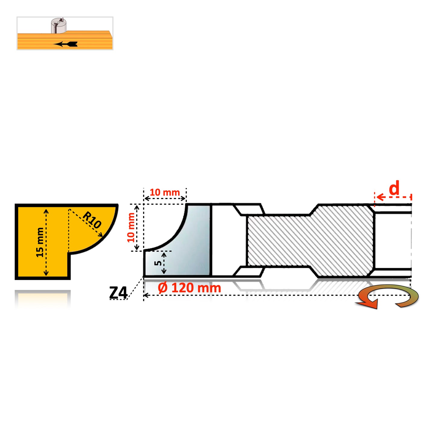Freză Sfert de Cerc Concav cu Rază Jos R3 - R60 mm - HSS Premium