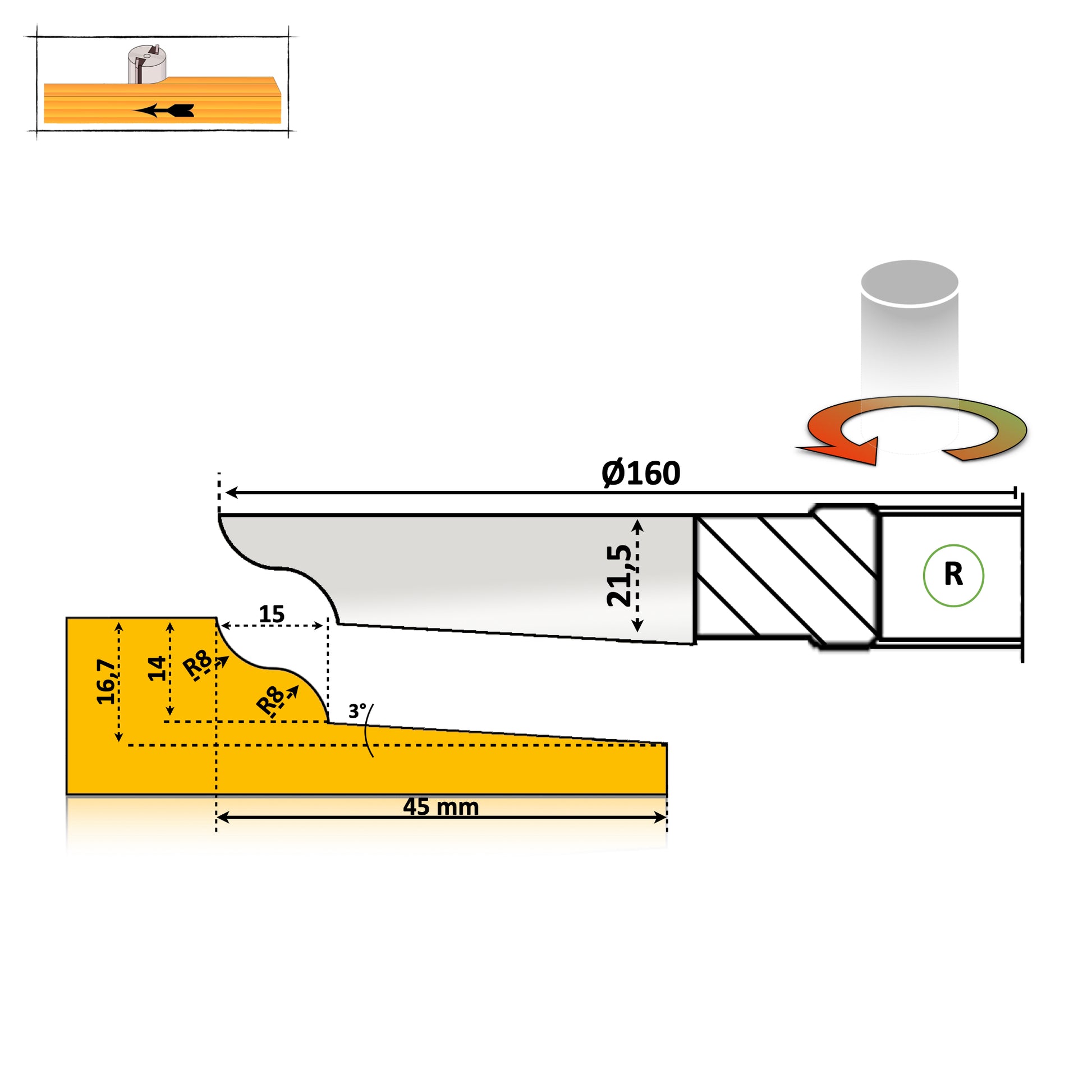 Freza alezaj pentru tablie mobila cu un profil val treptat royal pentru lemn masiv sau moale adancime profilat 45 mm  cu partea activa asupra lemnului