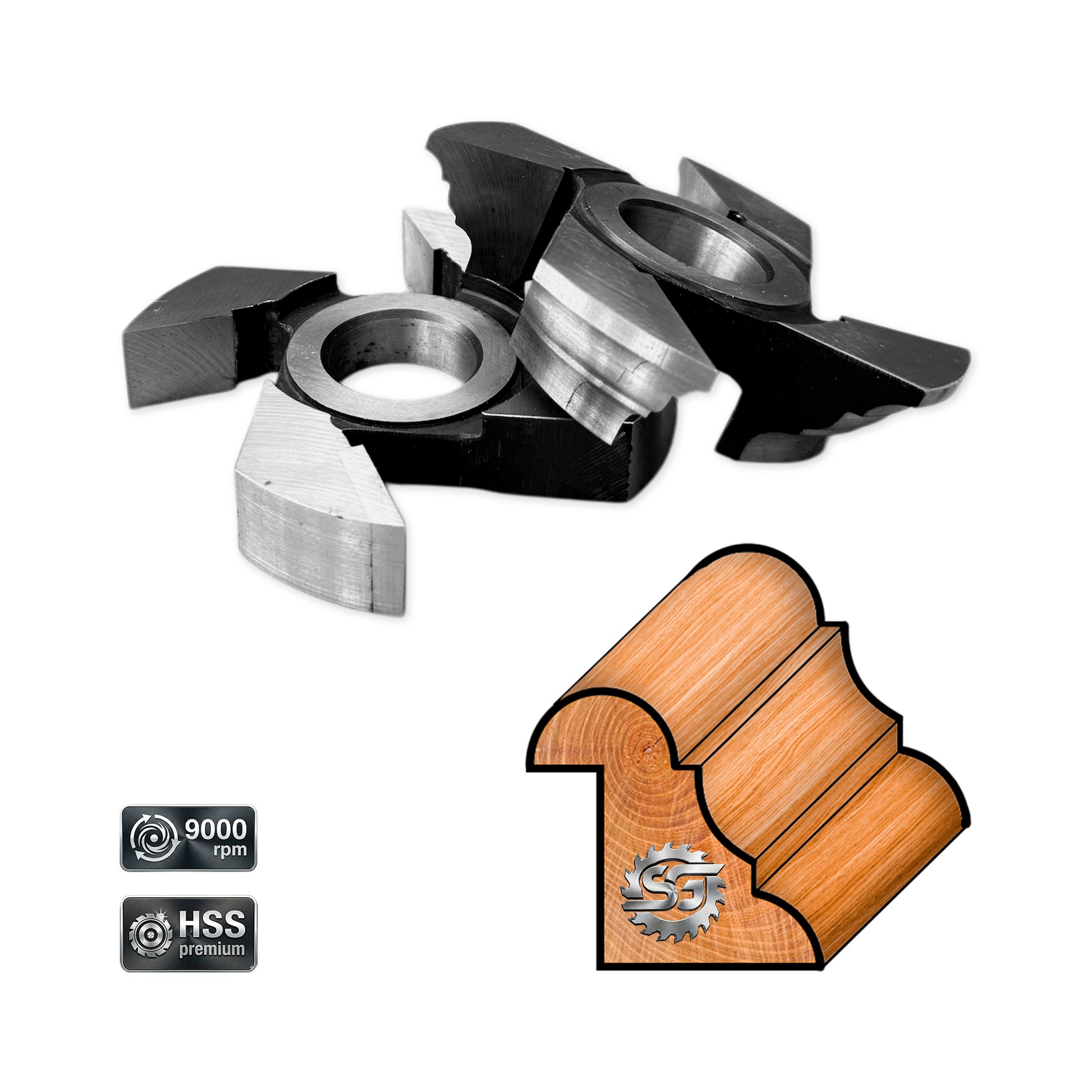 Set de freze pentru baghetă din oțel rapid HSS M2, ideal pentru profile decorative în lemn masiv de brad și stejar.