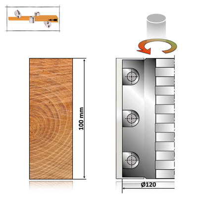 Sculă de tâmplărie tip cap de rindeluire cilindric 120x40x100 mm, corp metalic cu cuțite amovibile pentru finisarea suprafețelor plane din lemn.