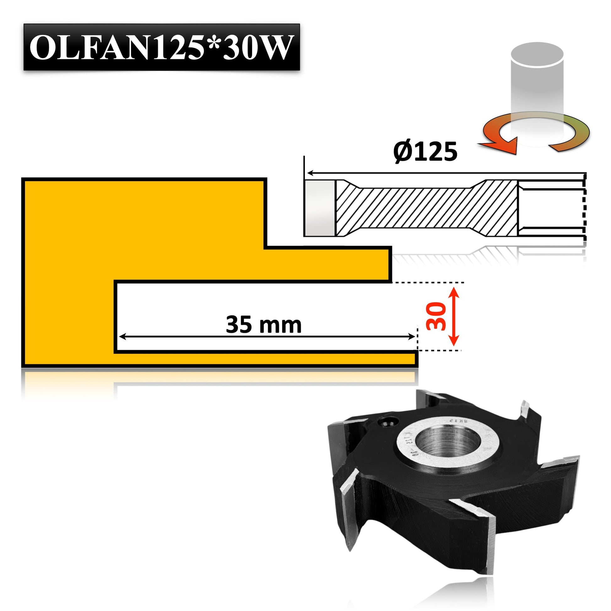 Freza nut de 125 x 30 x 30 mm brazat cu widia pentru canel lemn esenta moale sau tare, mdf, pal vcu adancime profil de 36 mm 