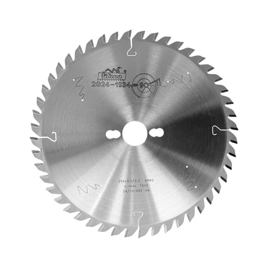 Pânza circulară 250x3.2x30 mm, WZ-48 Z. Oferă tăieri precise și eficiente pentru lemn masiv, PAL, MDF și placaj, cu durabilitate ridicată.